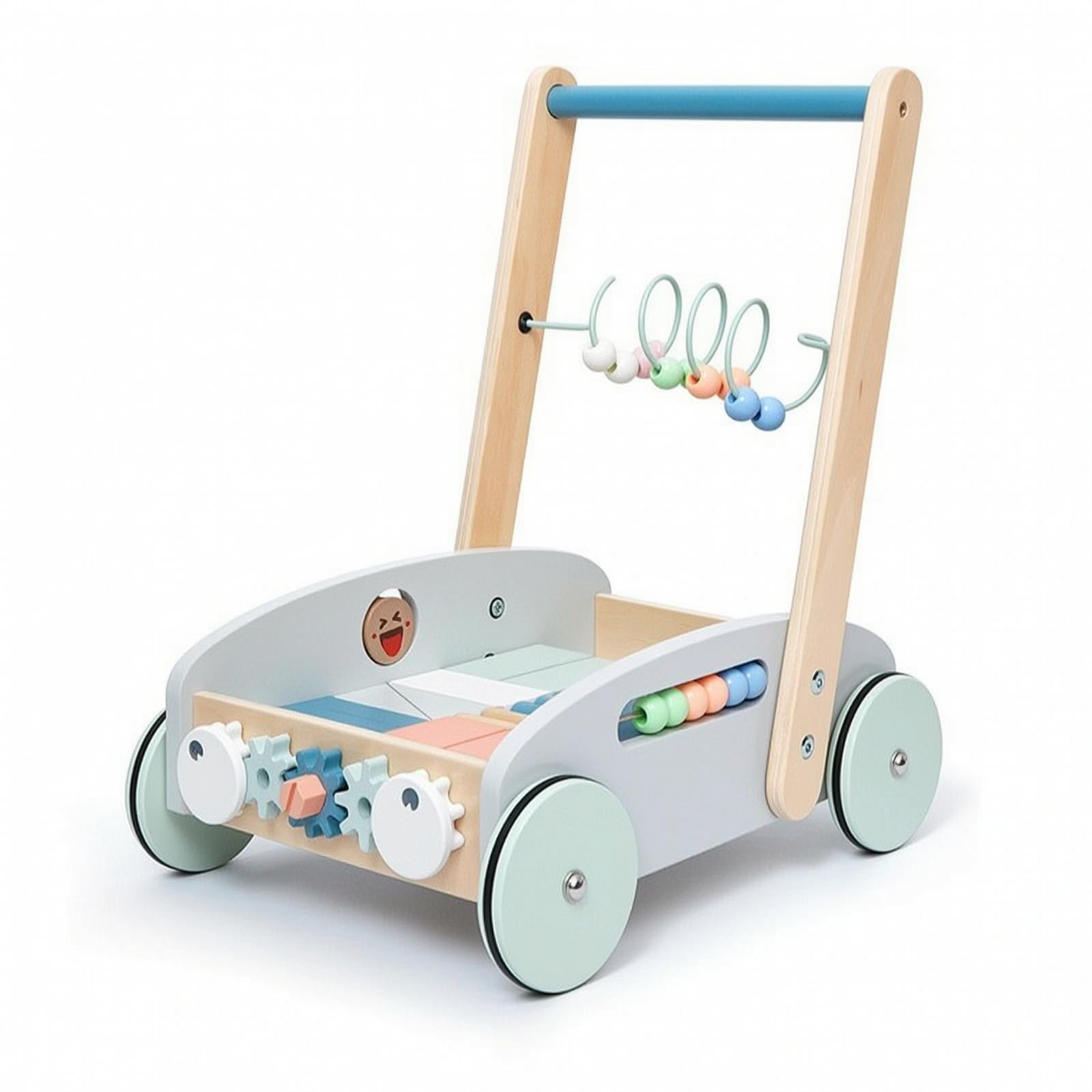 de Aprendizaje para Niños con Correpasillos Carro de Empuje Centro Interactivo y Juguete Educativo Estructura Estable de Madera Maciza y Contrachapado, Azul, 1/Juego