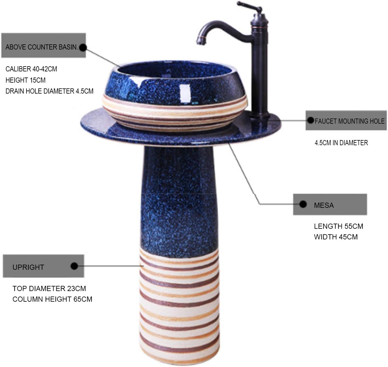 Cylinder Pedestal Bathroom Sink, One Landing Lavatory Sink with Column Ceramic Basin, for Indoor and Outdoor Small Apartment,A,55x45x80cm (C 55x45x80cm)
