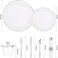 Vista 9 de DaYammi 350PCS Silver Plastic Dinnerware Set for 50 Guests, Fancy Disposable Plates for Party, Include: 50 Dinner Plates, 50 Dessert Plates, 50 Pre