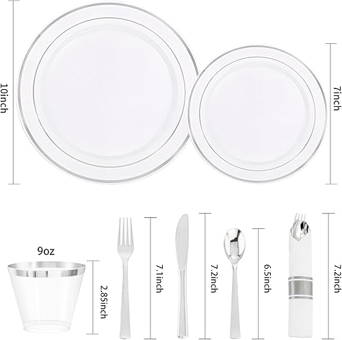Miniatura 9 de DaYammi Juego de vajilla de plástico plateado de 350 piezas para 50 invitados, platos desechables elegantes para Navidad, incluye 50 platos llanos,