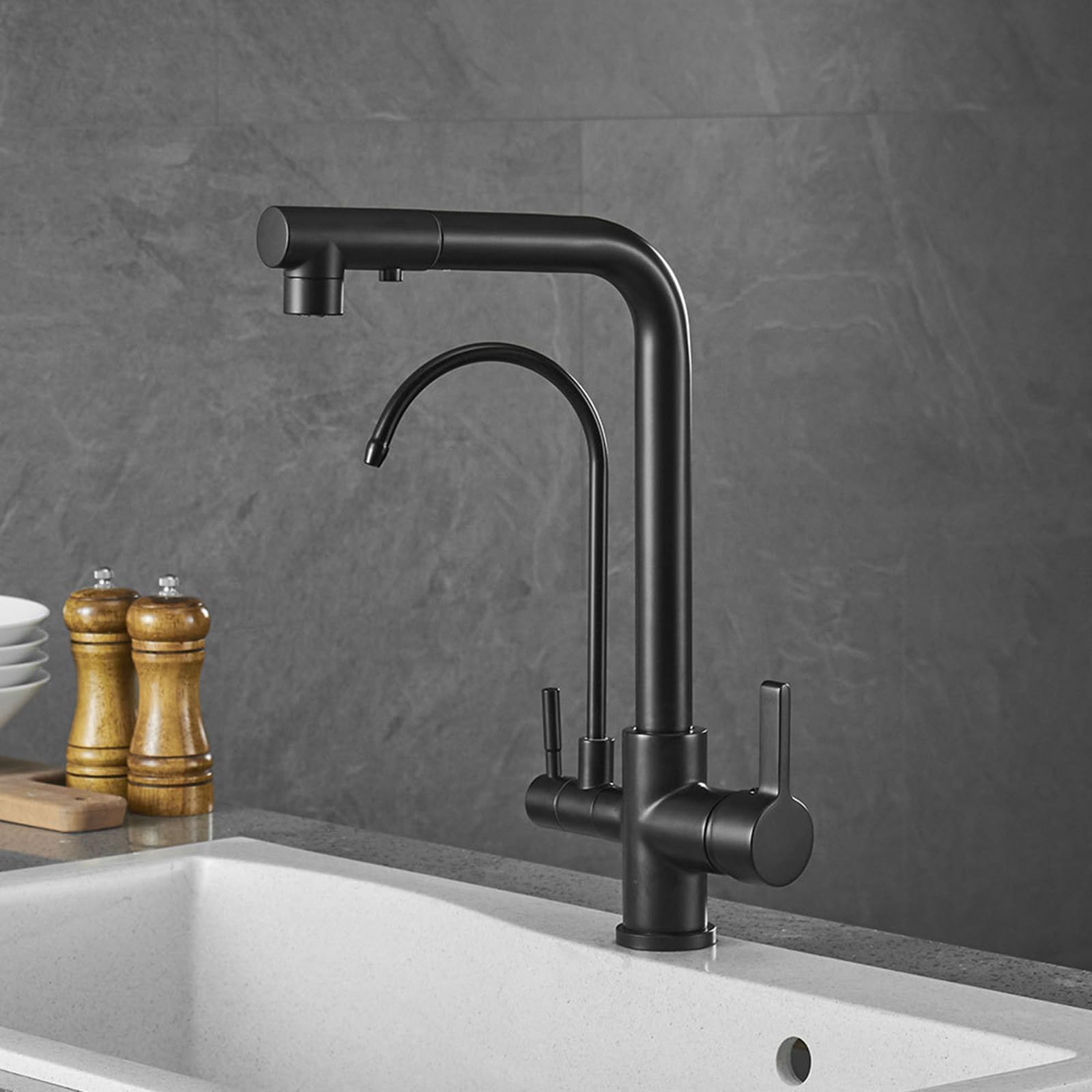 3 Way Pull Out Kitchen Tap Swivel Brass Sink Taps Mixer Double Handle-Black