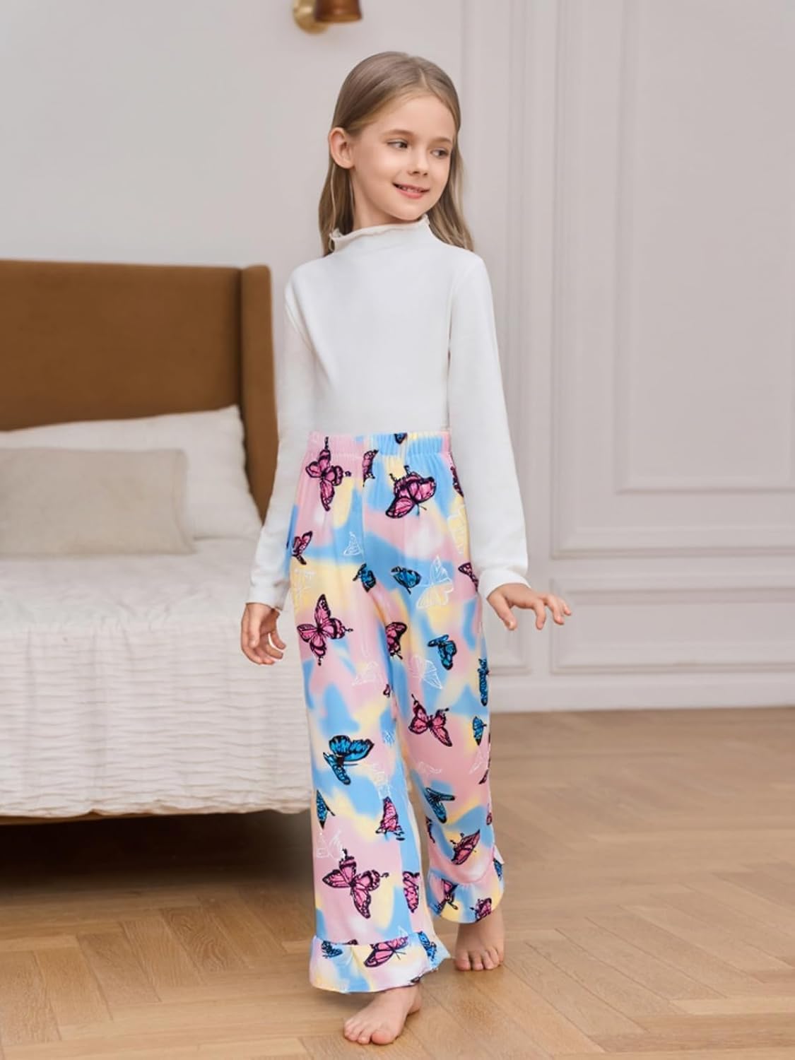 Yousify Girl's Pajama Pants for Girls Long Sleep Plaid Pants Ruffle Soft Lounge Pj Bottoms with Pockets 5-14 Years - Image 3