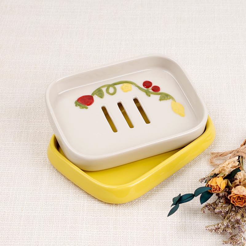 Juego de Accesorios de baño de cerámica de 4 Piezas con dispensador de jabón de Fresa, dispensador de jabón de Manos, Vaso, Soporte para Cepillo de Dientes y jabonera para decoración