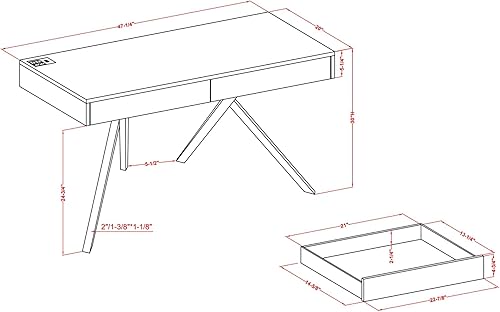 Miniatura 16 de 24/7 Shop at Home Idris Mid-Century - Escritorio moderno de madera con 2 cajones con puerto USB, toma de corriente para estación de trabajo, oficina