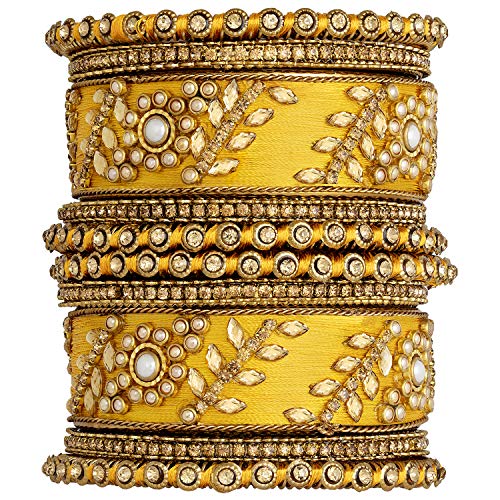 Aheli Traditional Wedding Designer Silk Thread Faux Stone Studded Bridal Bangle Set Chuda Indian Ethnic Bollywood Fashion Jewelry For Women (Yellow) #TOP7
