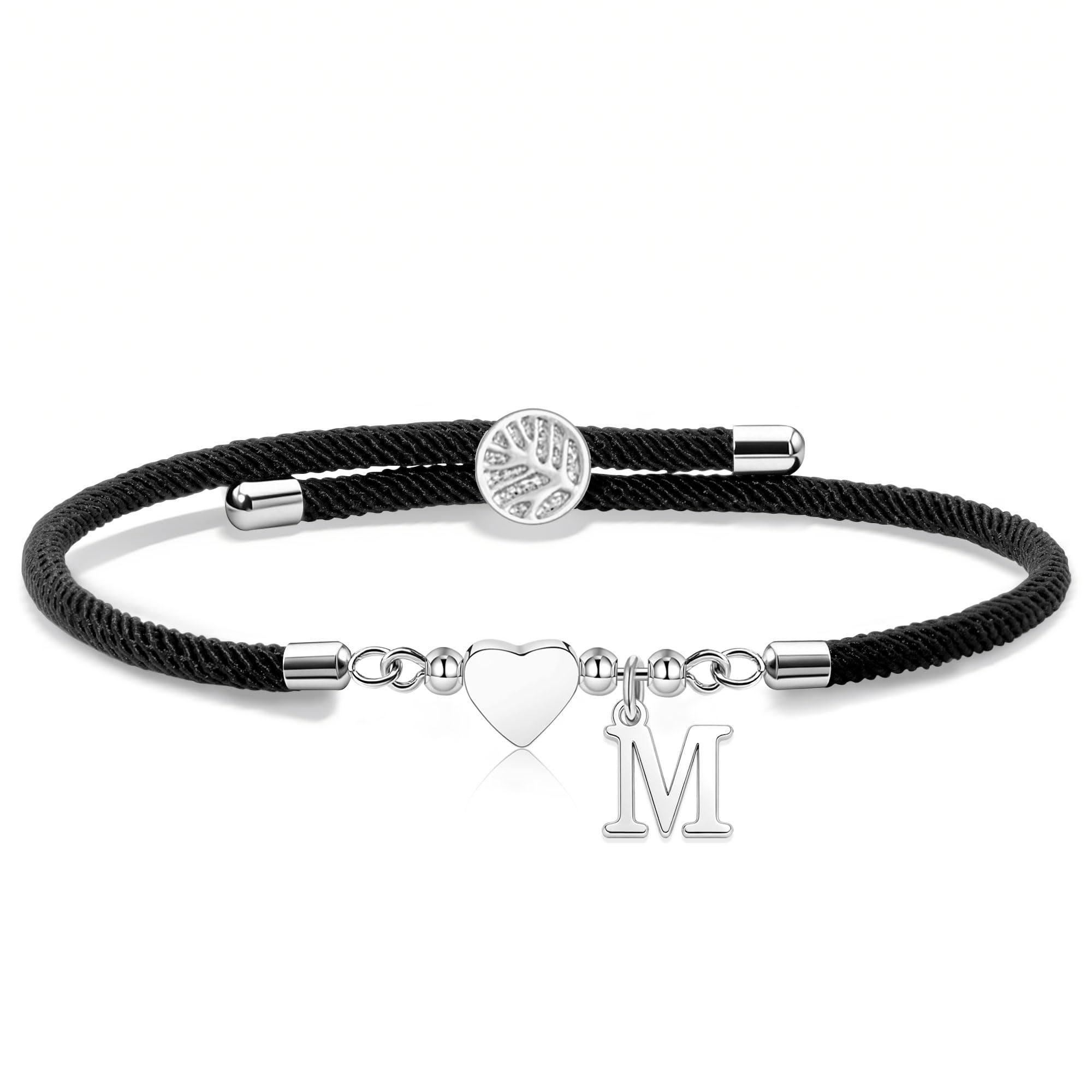 Regalo de Pulsera de Cuerda de Trenza Hecha a Mano,Pulsera Ajustable del Corazón de Plata 26 Inicial A-Z Para la Hija Hijo Madre Hermana Cumpleaños Navidad