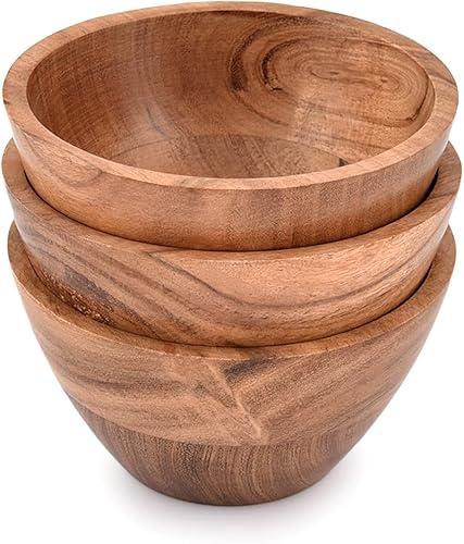 EDHAS Juego de 3 cuencos de madera de acacia hechos a mano para nueces, dulces, aperitivos, aceitunas y salsa, ideal para cenas y reuniones