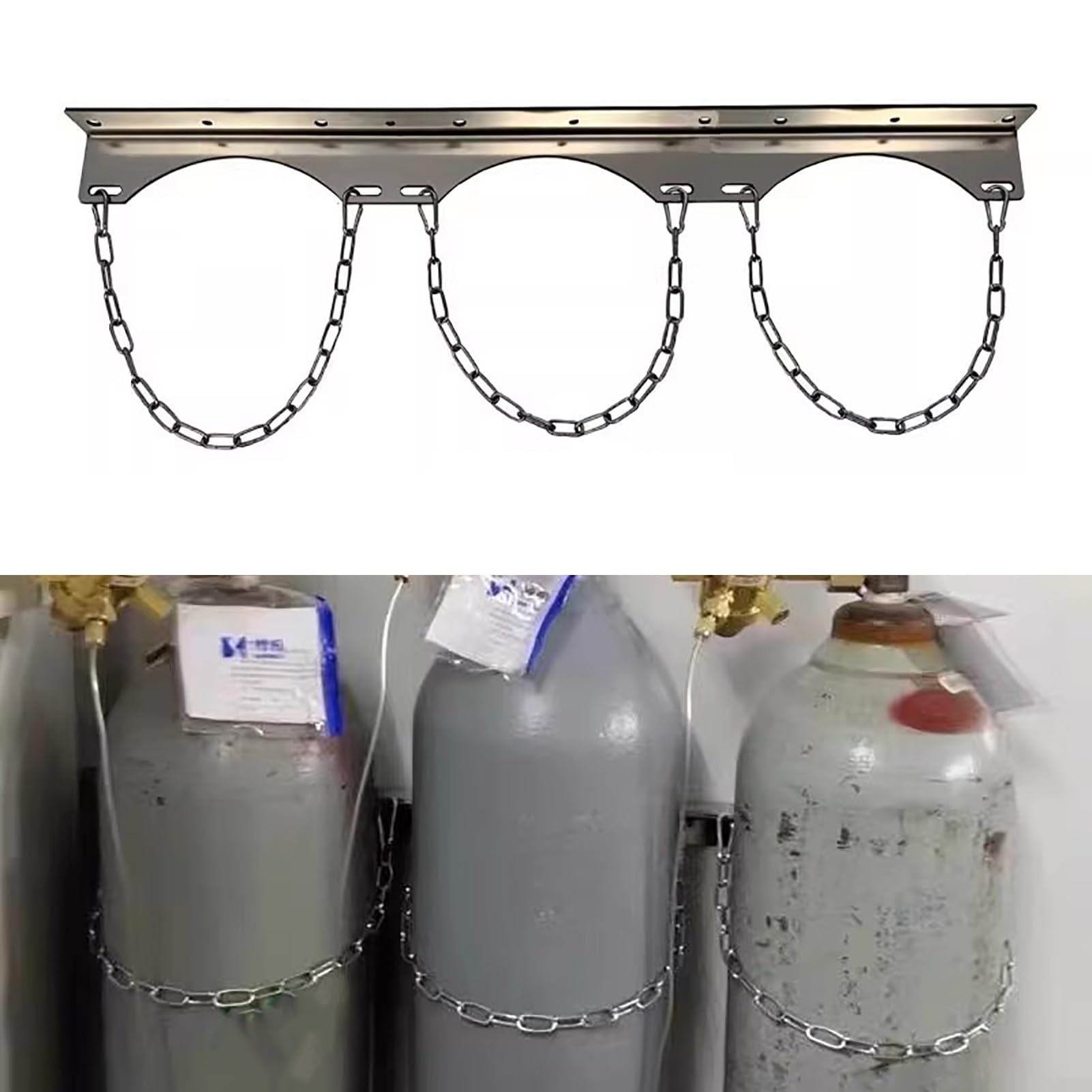 GHHVFEC Oxygen cylinder rack,Oxygen Tank Holder - Wall-Mounted Acetylene Carrier Bracket, Medical Nitrous E Cylinder Storage Rack with Safety Chain, Durable Oxygen Tank Stand for Factory U