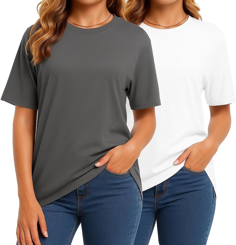 Non-Transparent Premium Combed Cotton T-Shirts for Women, 2-Pack High-Density Compact-Spun Knit Crewneck Loose Fit Tops