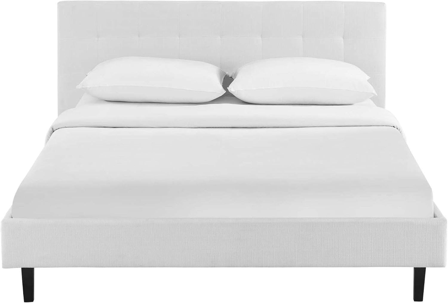 Linnea Platform Bed - Elegant Upholstered Tufted Headboard, Solid Wood Legs, No Box Spring Needed - Supports Memory Foam, Spring, Latex, Hybrid Mattresses - Chic-Luxe Look - 1300 lbs Weight Capacity - Linnea Full Bed Frame Included (White)