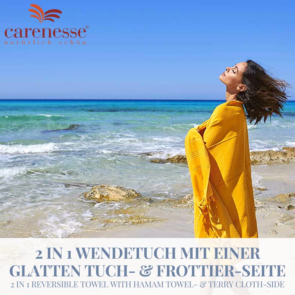 Carenesse 2 in 1 Hamamtuch 90 x 190 cm türkis I Zweiseitiges Hamam Handtuch 100% Baumwolle: Glatt & Frottier I Pestemal/Fouta saugfähig & hygienisch I Hamam Strandtuch/Saunahandtuch kompakt | Zweiseitig: Glatt & Frottier, 100% Baumwolle, Saugfähig & hygie