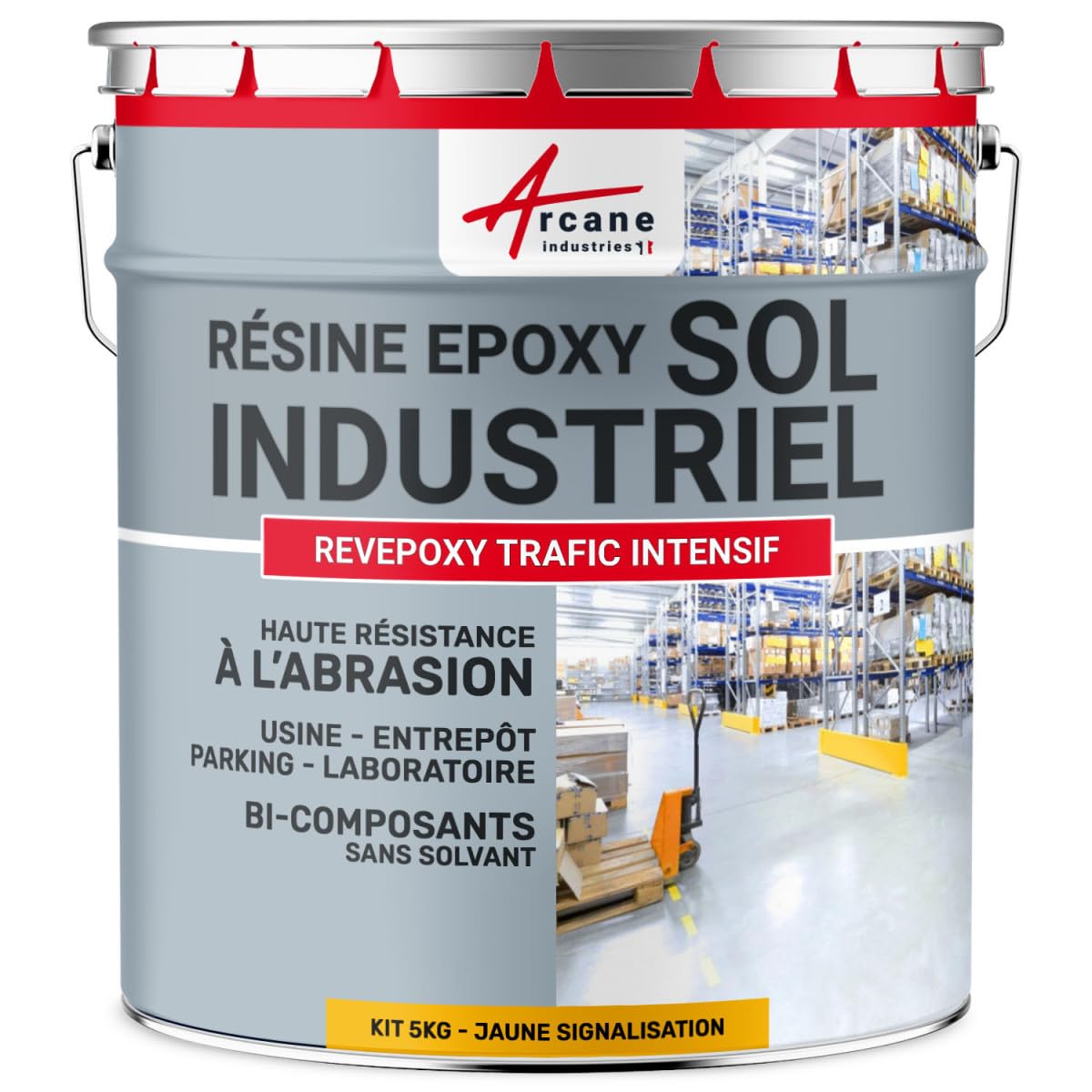 ARCANE INDUSTRIES Résine epoxy Sol - Peinture resine pour sols béton,Ciment,carrelage : REVEPOXY TRAFIC INTENSIF - 5 kg (jusqu'à 10 m² en 2 Couches) Jaune Signalisation - RAL 1023