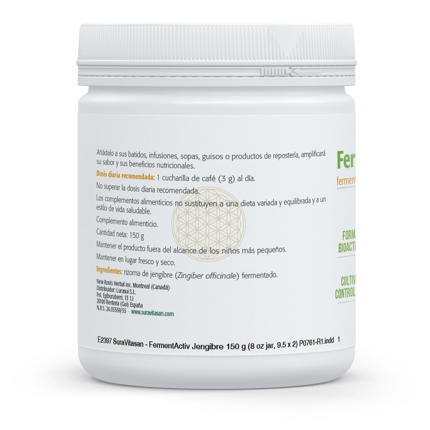SURA VITASAN FermentActiv Jengibre en Polvo 100% Fermentado 150 g – Suplemento Herbal – Apoyo a la Digestión y el Sistema Inmunológico – Vegano y sin Gluten – 3 g por Ración