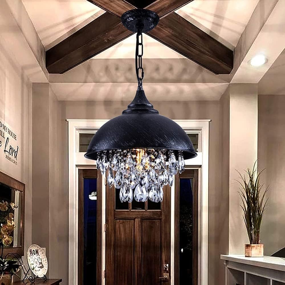 Lámparas de Cristal de Industrial, lámpara de araña con Pantalla de Metal Negra y Acabado en Bronce Negro, Luces Colgantes para Cocina, Cadena Ajustable de Luces de Cristal para decoración de