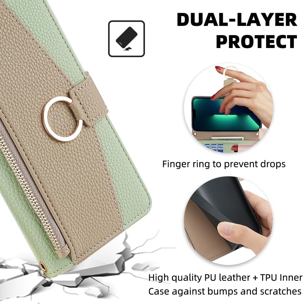 Wallet Case for Nokia 5.3 Flip Phone Case Cover with Crossbody Strap Magnetic Zipper Pocket Makeup Mirror PU Leather Shockproof with Kickstand Shell Green