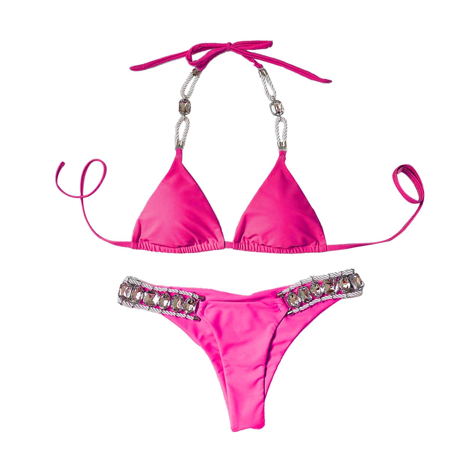 club bollywood Women Rhinestone Swimsuit Bra Set Bathing Suit Swimwear Rose M | Swimwear|1 Set Set-picture-45