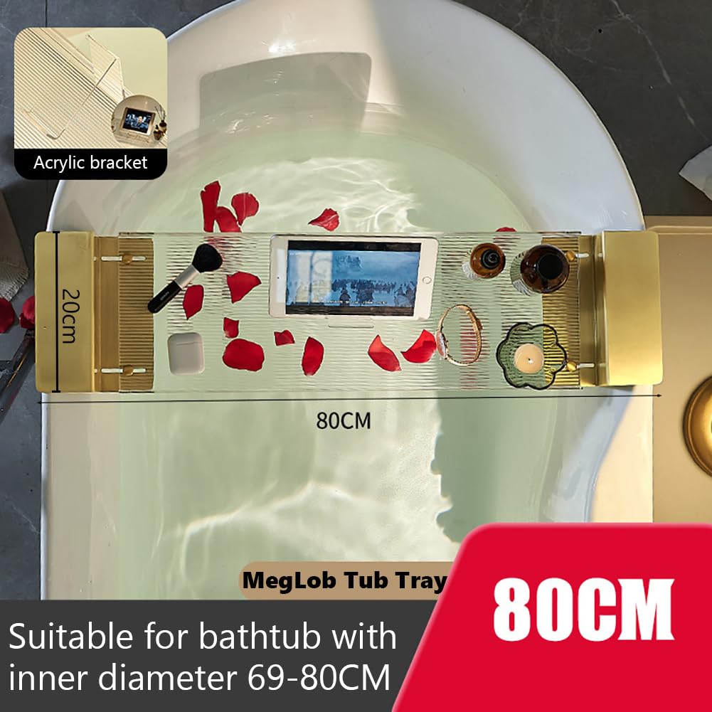 Bandeja de bañera acrílica ajustable, estante de puente para bañera con asas doradas expandibles, elegante organizador de ducha de plexiglás, bandeja de lujo para teléfono celular y soporte para copas