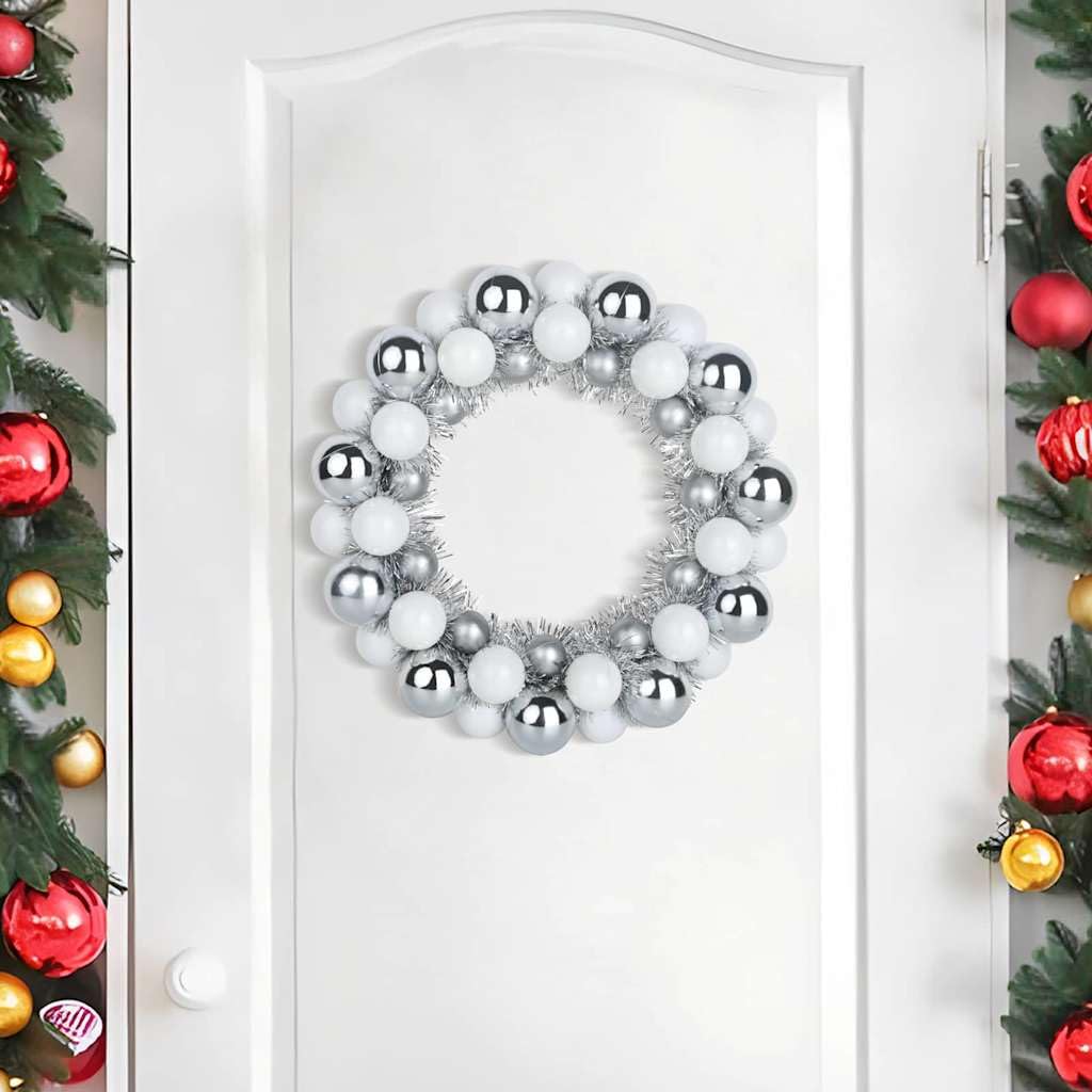 2 coronas de bolas de Navidad blancas y plateadas, 33 x 33 x 7 cm, poliestireno, ligeras y duraderas, para interior y exterior, decoración festiva para salón, oficina, entradas, Adviento e