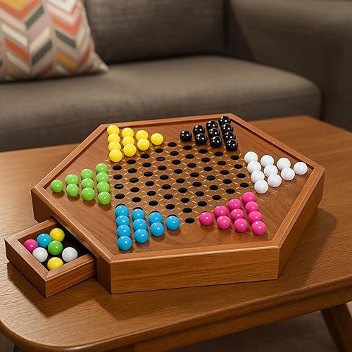 Miniatura 7 de Juego de mesa de damas chinas, juego de madera grande de 13.7 pulgadas con 60 canicas acrílicas coloridas + 30 repuestos, juego clásico de