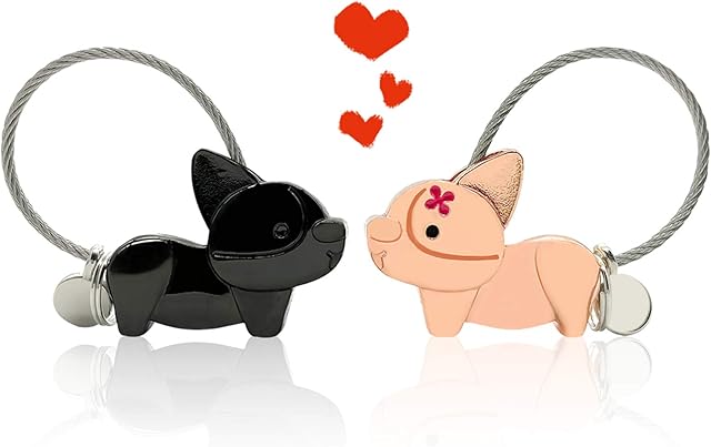EQLEF Couples Keyrings Set, Cute Corgi Dog Keyring Love Keychain with Gift Box Aluminum Alloy Couple Keychain Gifts for Boyfriend Girlfriend Non-magnetic (Black and Rose Gold)