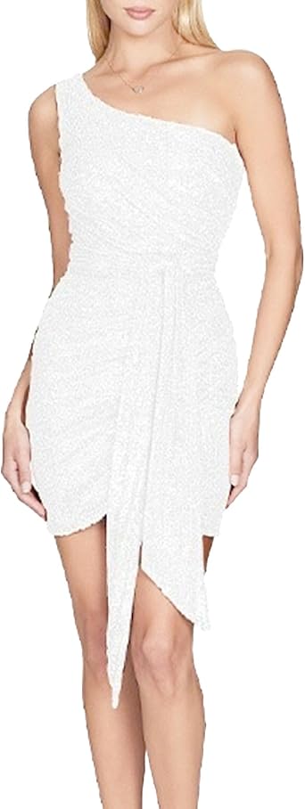 JEKE-DG Womens Tie Waist Bodycon Cocktail Party Dress One Shoulder Sexy Slim Fit Dress Sequin Sparkly Ruched Dresses