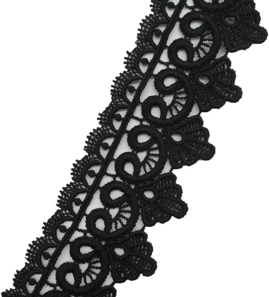 2 Inch Wide Rayon Lace Trim Venise Lace Eyelet Fabric Pack of 14 Yards (Black)