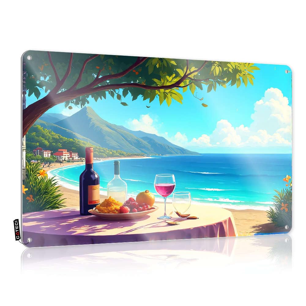 Sujd Colour Cool Wall Art Accessories Novelty A Table With Wine, Fruit, And A View Of The Ocean. For Game Room - Tin Customizable(30X40cm)