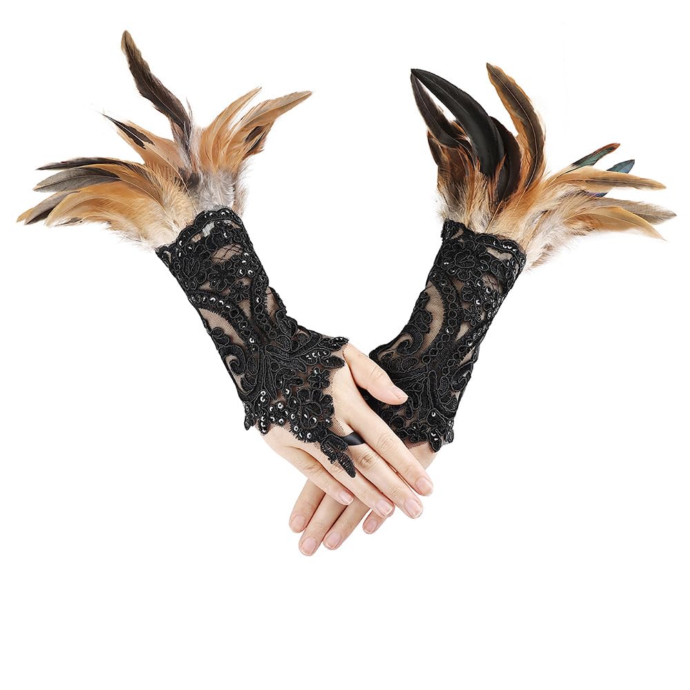ZSUIQIN 1 Pair Feather Wrist Cuffs,Feather Gloves,Long Lace Fingerless Gloves,Suitable for Bonfire Nights Celebrations