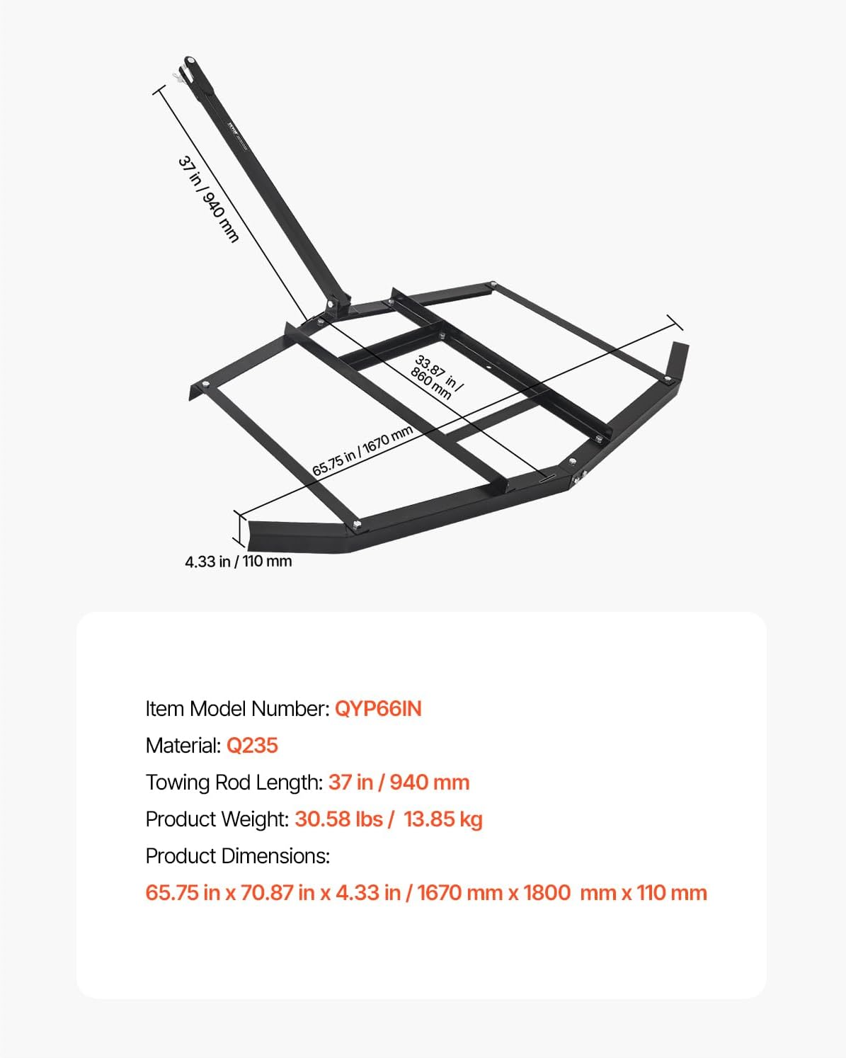 VEVOR Drag Harrow, 66" Width Tow Behind Drag Harrow, Q235 Steel Driveway Grader with Adjustable Bars & Pin Hitch, Support up to 50 lbs, Tractor Driveway Harrow for ATVs, UTVs, Garden Lawn Tractors