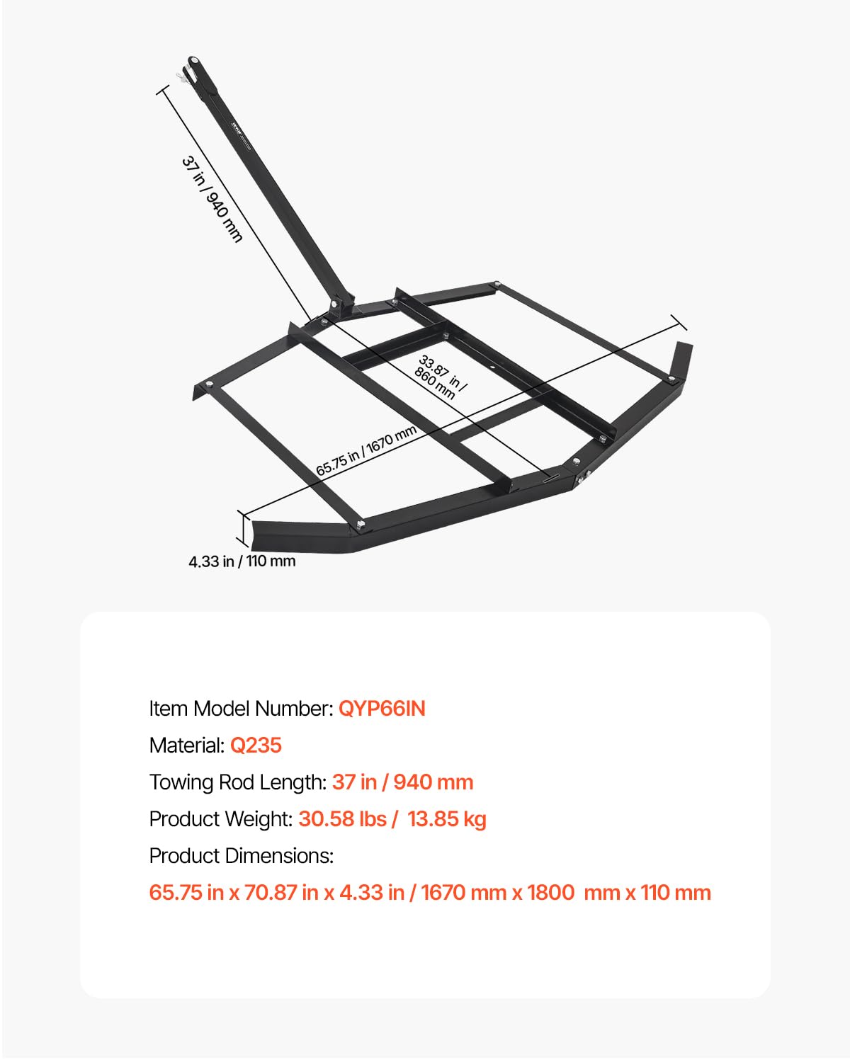 VEVOR Erpice Trainato Largo 1670 mm, Livellatrice per Vialetti in Acciaio Q235 con Barre Regolabili Attacco a Perno, Erpice Trattori da Vialetto per ATV, UTV, Giardino 1670 x 1800 x 110 mm