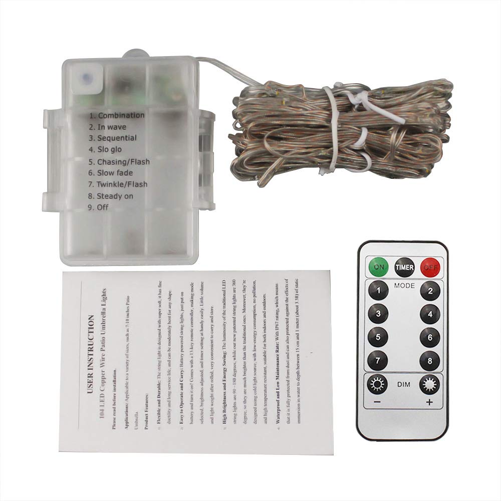 Patio Umbrella Lights Remote Control And Timer 8 Ribs 104 Led String Decor Lights Battery Operated For Restaurant Coffee Shop Outdoor Garden Backyard Holidays Party Warm White Amazon Com
