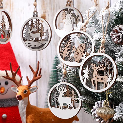 6 Pieces Wooden Christmas Ornaments Winter Wonderland Hanging Ornaments Rustic Farmhouse Ornaments Glitter Woodland Reindeer Carving Hanging Crafts White Christmas Decor For Winter Holiday Xmas Tree #TOP5