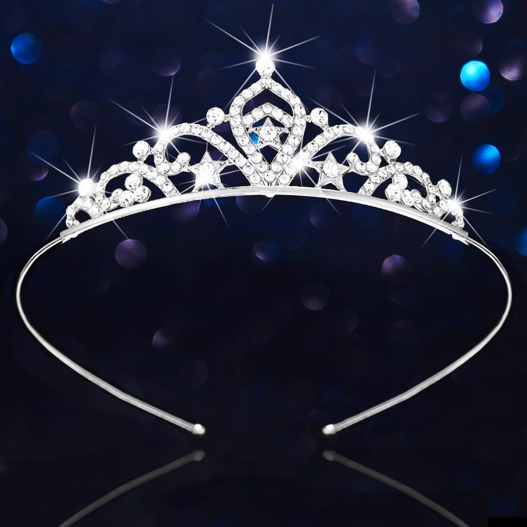 Kilshye Rhinestone Princess Tiara Silver Star Tiaras Headband Birthday Hair Accessories for Girls (Silver, Free Size)