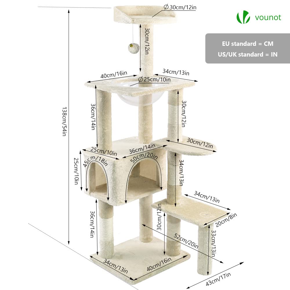VOUNOT® Árbol Rascador para Gatos, Poste Rascador Estable para Gatos con Nido, Plataformas, Cápsula Espacial y Bola para Gatos, 138cm, Beige