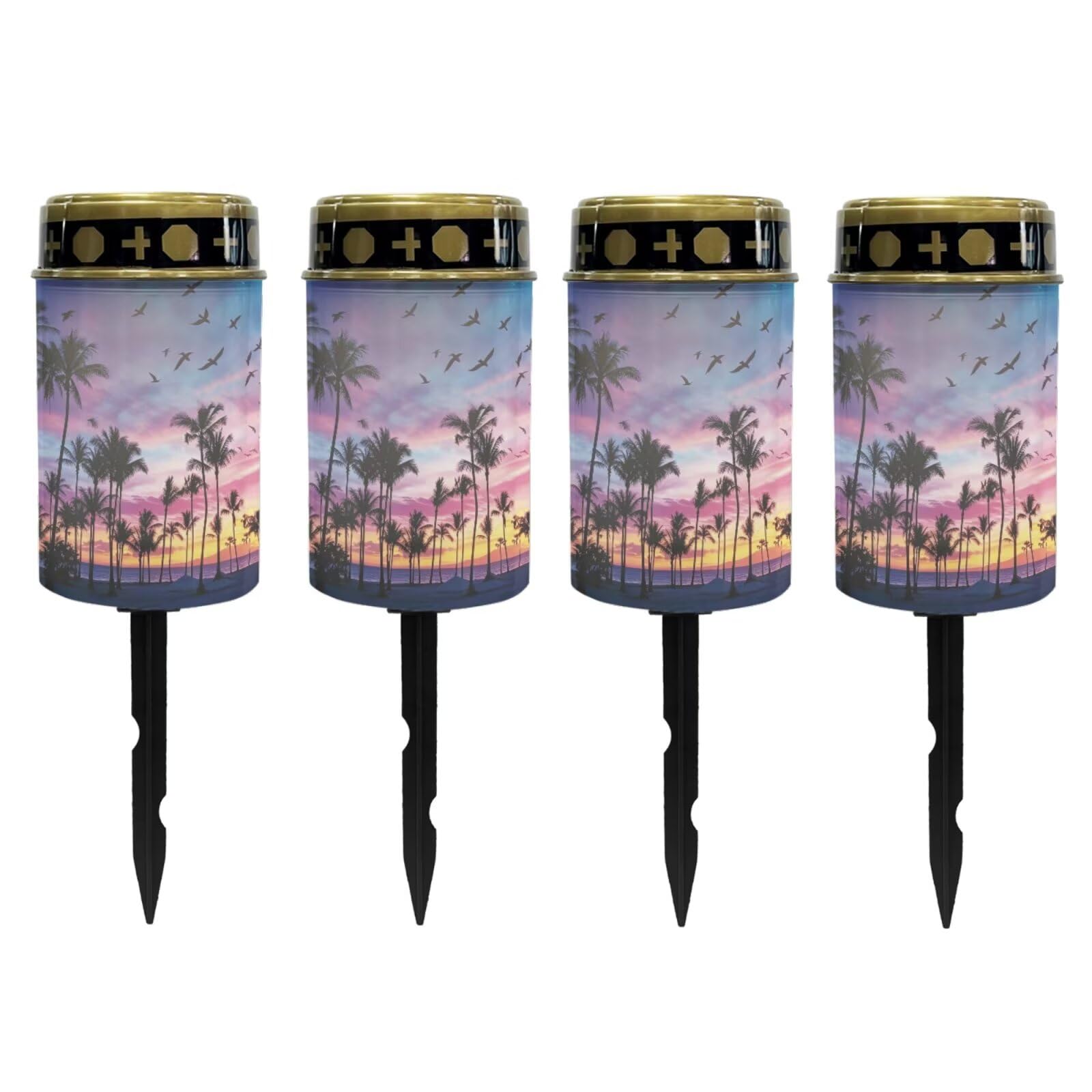 Poceacles Solar Lights Outdoor Solar Powered Outdoor Cemetery Stake Candle Grave Lamp Landscape Lighting Waterproof Grave Flameless Candle, Palm Tree Beach Sunset Pattern Violet Blue, Pack of 4