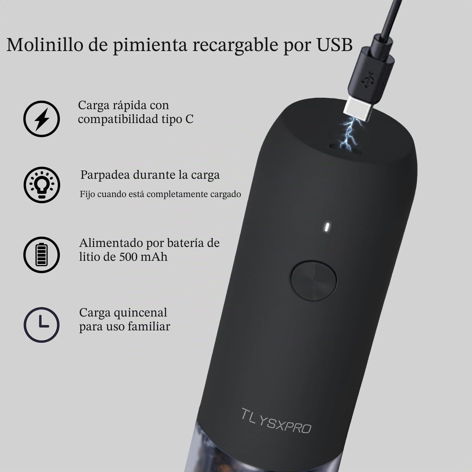 TLYSXPRO Molinillo de pimienta eléctrico, recargable por USB, molinillo automático de sal y pimienta, con ajuste de grosor, luz LED, recargable, accesorio de cocina (1 unidad, Negro)