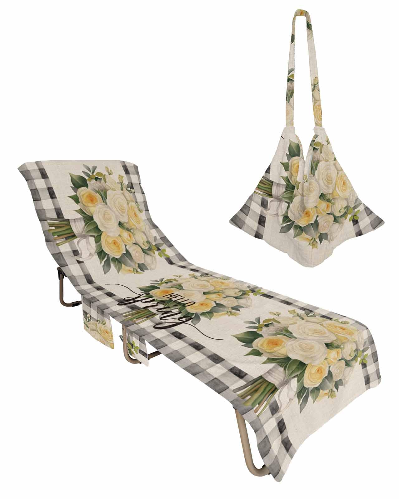 Spring Floral Beach Lounge Chair Towel Cover, Soft Chaise Lounge Towel with Side Pockets Patio Pool Chairs Cover for Beach/Pool Sunbathing 29x85 Summer Botanical Flowers Black White Plaid