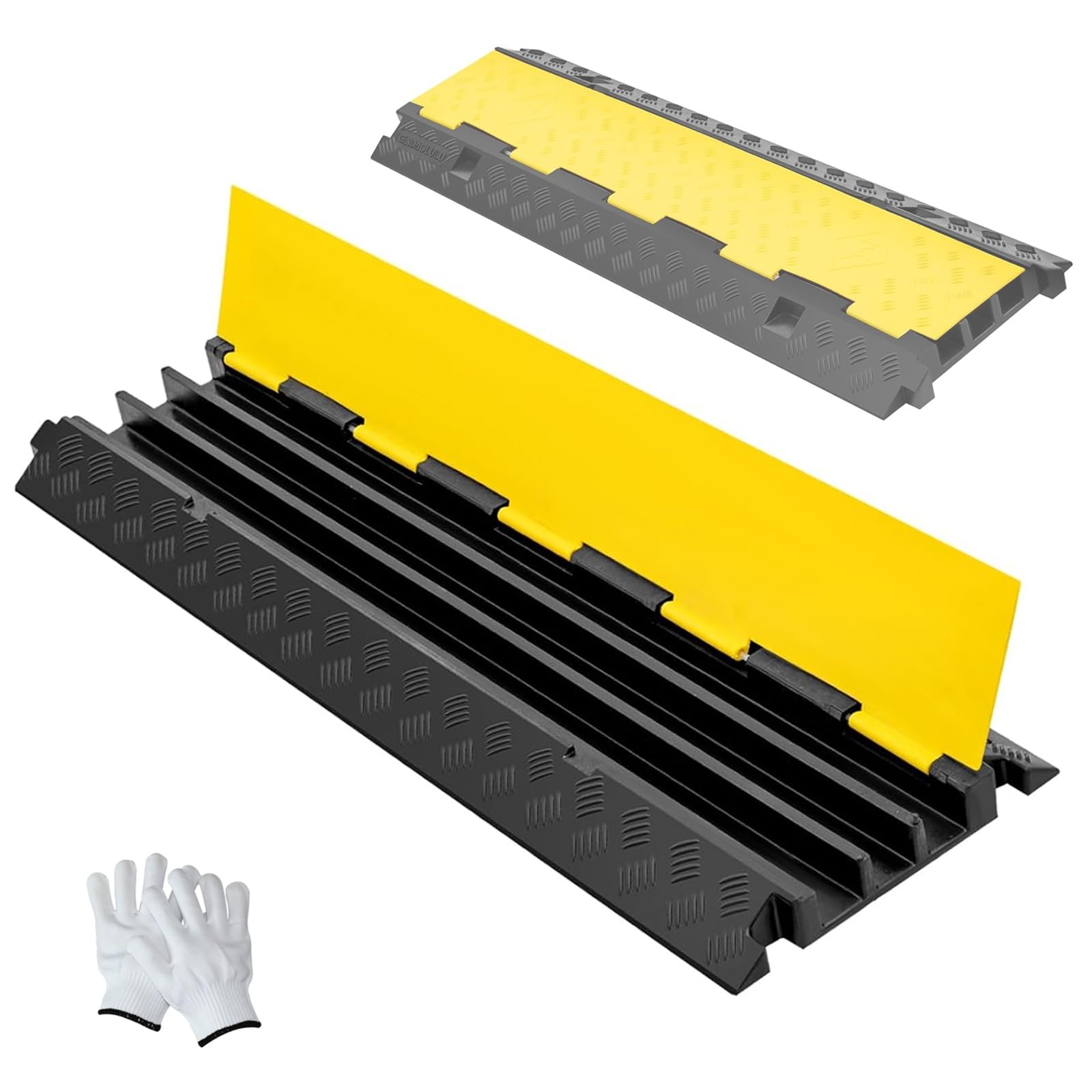 Canaleta Cables Suelo de 3 Canales, Protector Cable de 90 Cm sobre Entrada, Rampa Coche de Caucho Plástico PVC, Tapa Abatible, Soporta 500 Kg para Interior y Exterior