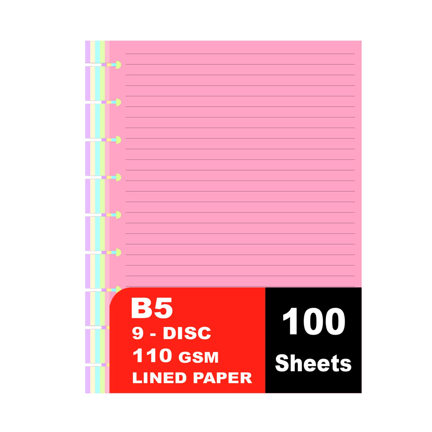 9 Disc Lined Refills for Happy Planner, 110 Gsm Loose-leaf Disc bound Inserts, 5-Color (Per Color 20 Sheets/40 Pages) planner refills Paper, 100