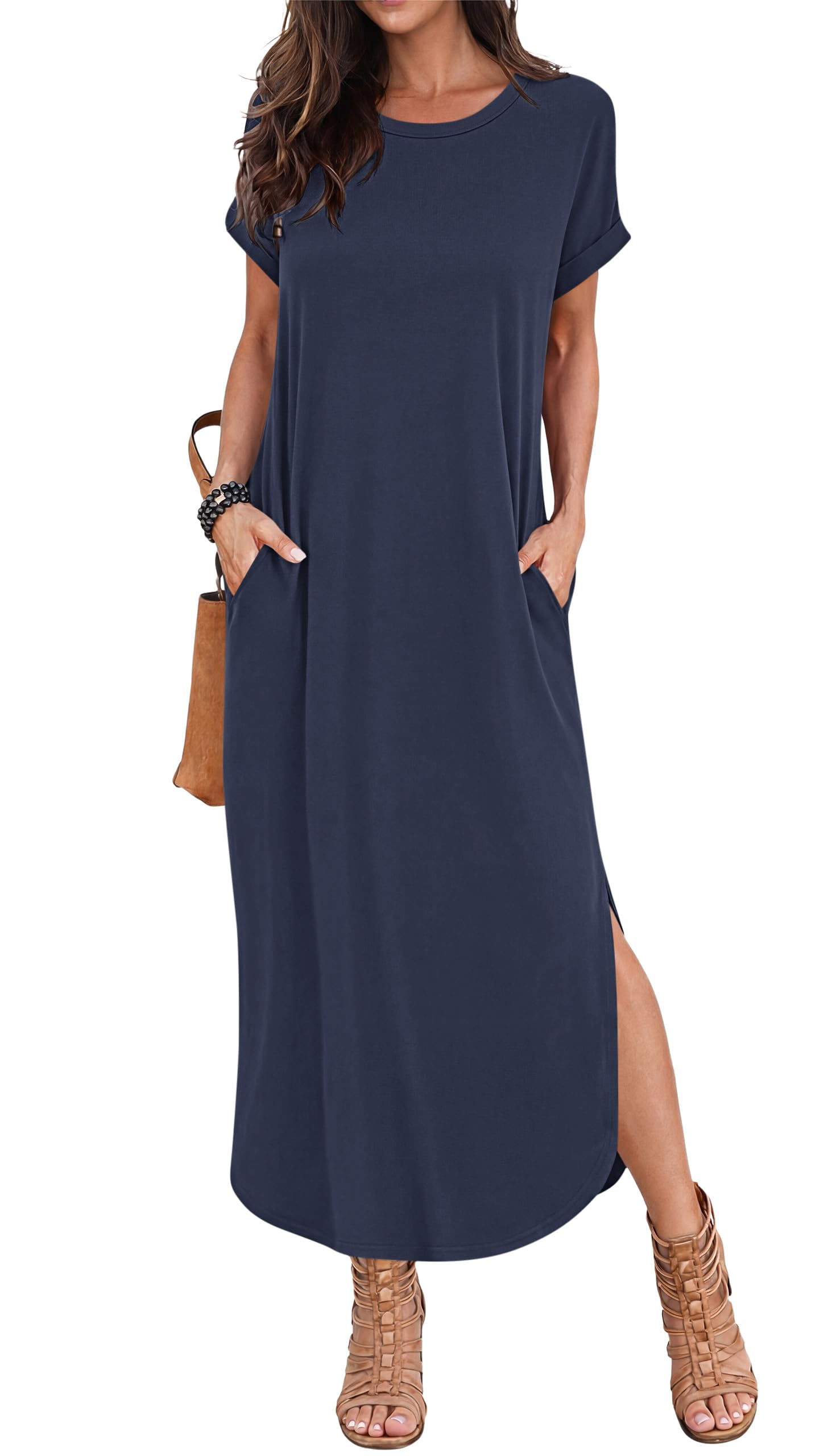 PLOKNRD Sommerkleid Damen Rundhalsausschnitt Maxi Freizeit Kleid mit Taschen Kurzarm Elegantes Schlitz Strandkleider Langes Shirtkleid