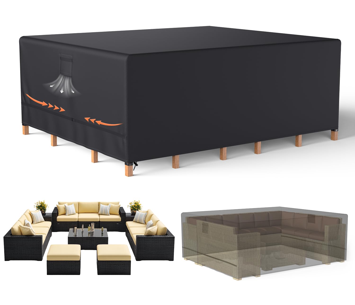 Housse Table De Jardin 340x240x90cm/LxWxH Housse Salon De Jardin Exterieur 600D Oxford Housse De Protection Mobilier, Ensembles Table Et Canapé Coupe- Vent, Anti-UV, Anti-poussière, Rectangulaire