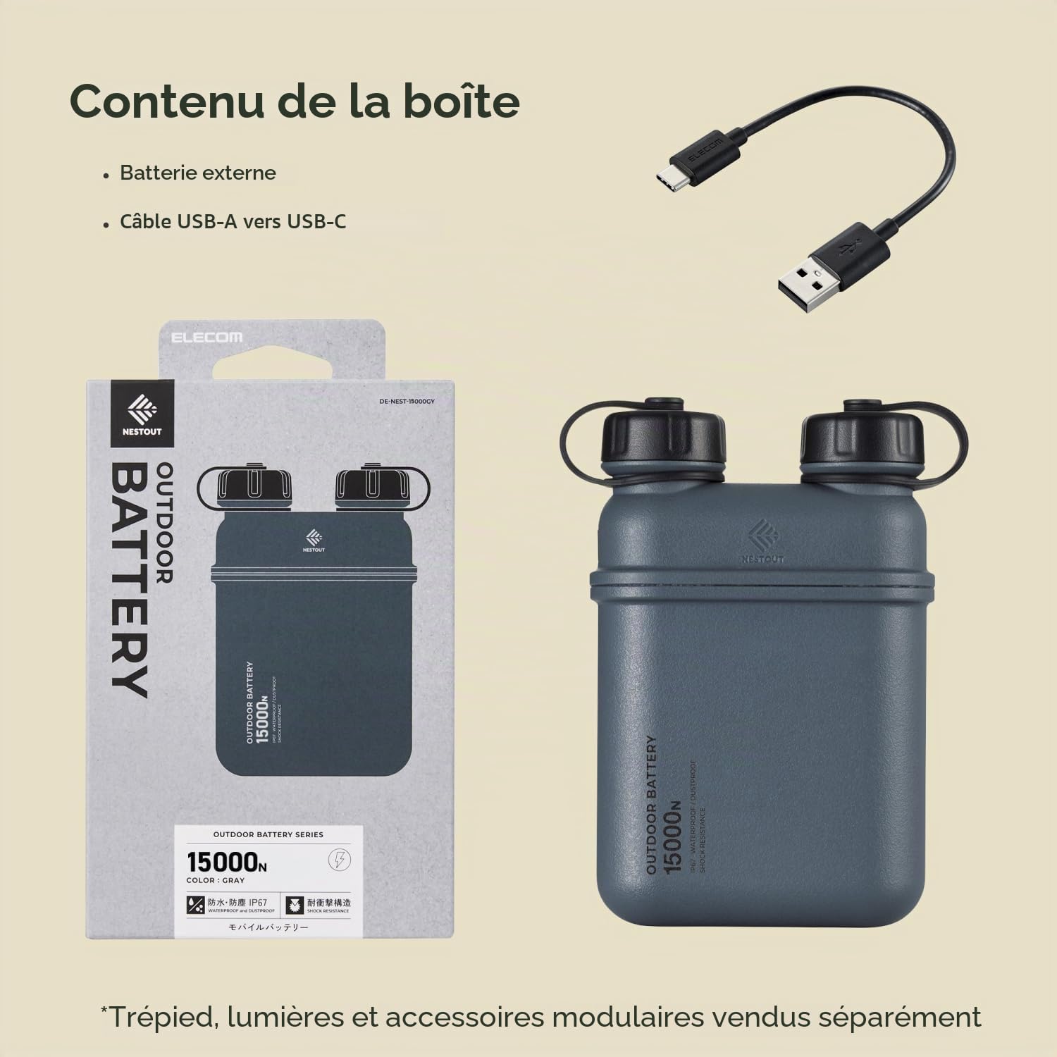 ELECOM NESTOUT Portable Charger, 15000mAh Outdoor Battery Power Bank, 32W USB-C Fast Charging PD, Waterproof IP67, Durable Shockproof, Battery Pack for Smartphone Tablet Hiking Travel Camping - Gray