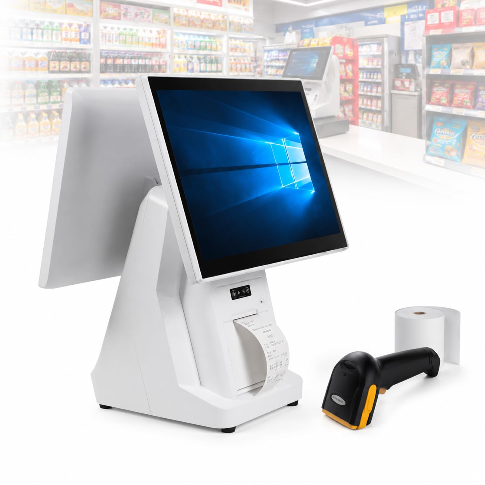 Caja registradora TPV todo en uno para pequeñas empresas, terminal TPV Windows con pantalla táctil dual de 15,6" e impresora de recibos integrada, 8 GB de RAM y 128 GB de almacenamiento, sistema de