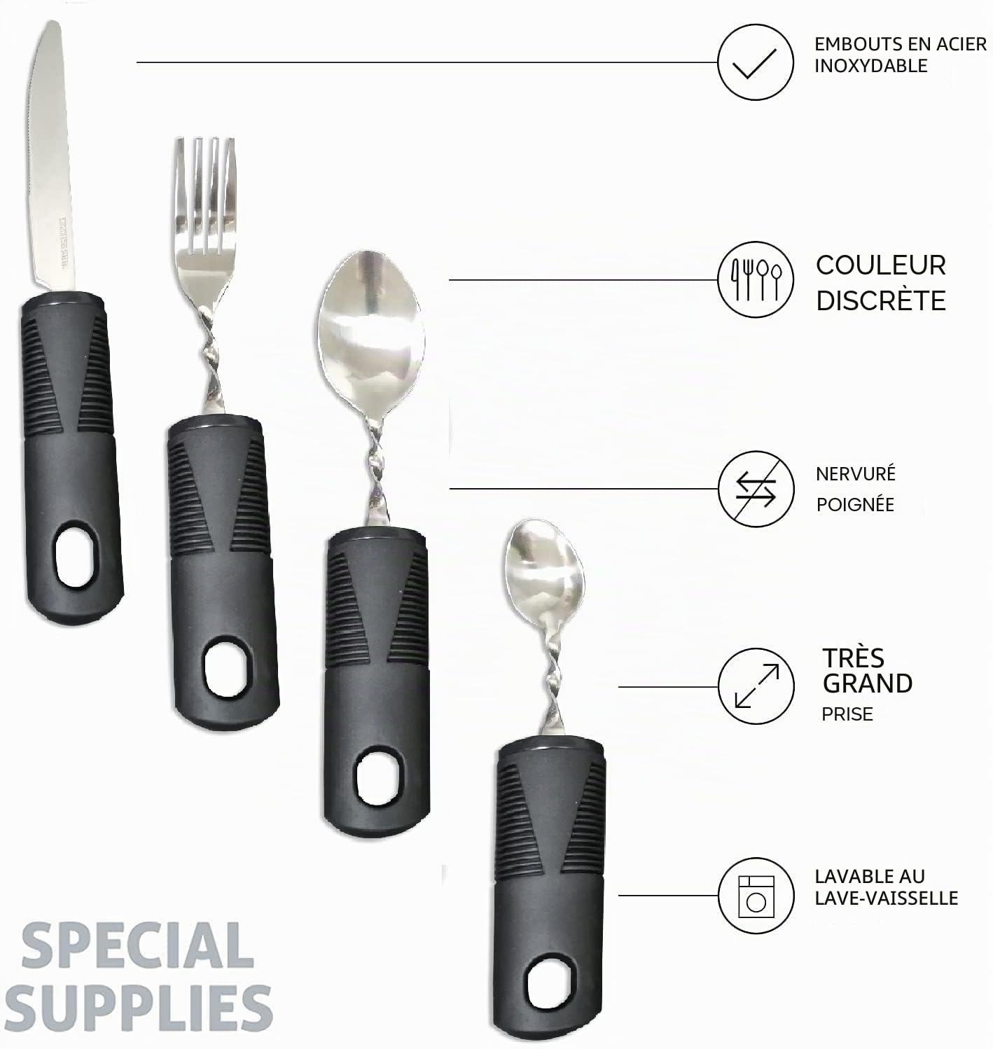 Ensemble de couverts pliables avec poignées extra larges et en main Aide à la salle à manger idéale pour les personnes âgées souffrant d'arthrite, de maladie de Parkinson et de tremblements