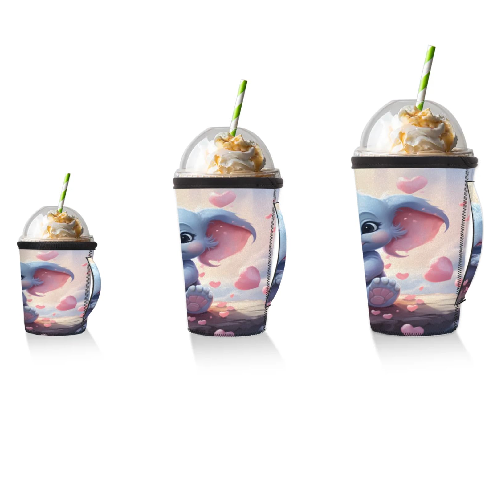 Cute Elephant Heart Reusable Neoprene Coffee Sleeve with Handle Insulated Iced Coffee Cup Holder Reduces Condensation Fits 24-28 oz Cups M