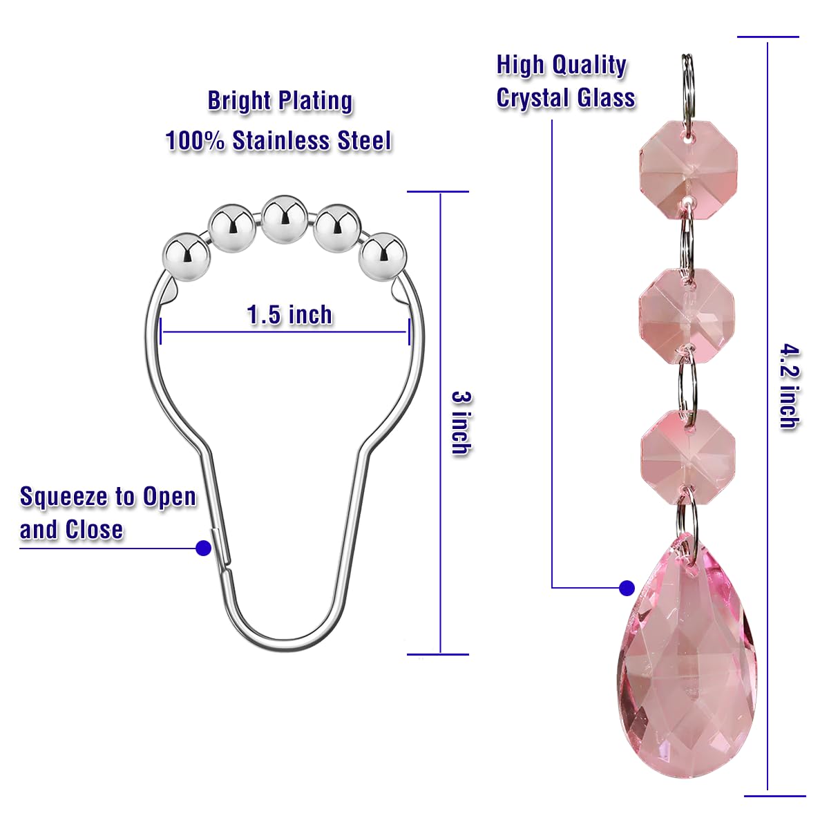 Yapicoco Shower Curtain Hooks Rings for Bathroom, 12PCS Gemstone Crystal Bead Water Drop Stainless Steel Rust Resistant Clear Shower Curtain Rings (Pink)