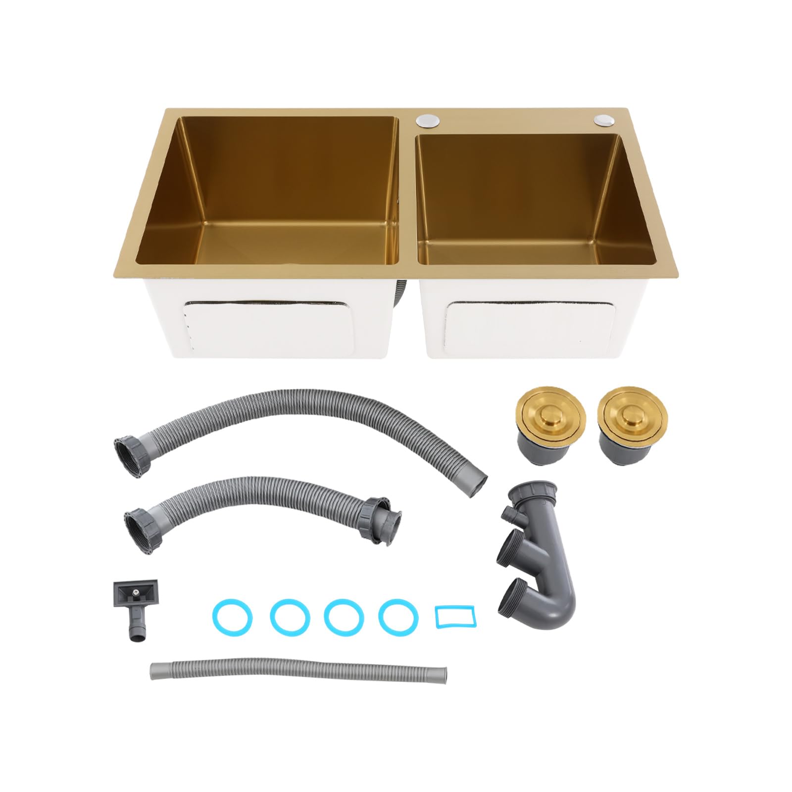 Évier de cuisine à 2 bacs en acier inoxydable 75 x 40 x 22 cm sans robinet pour cuisines, restaurants, magasins de desserts, cafés (doré)