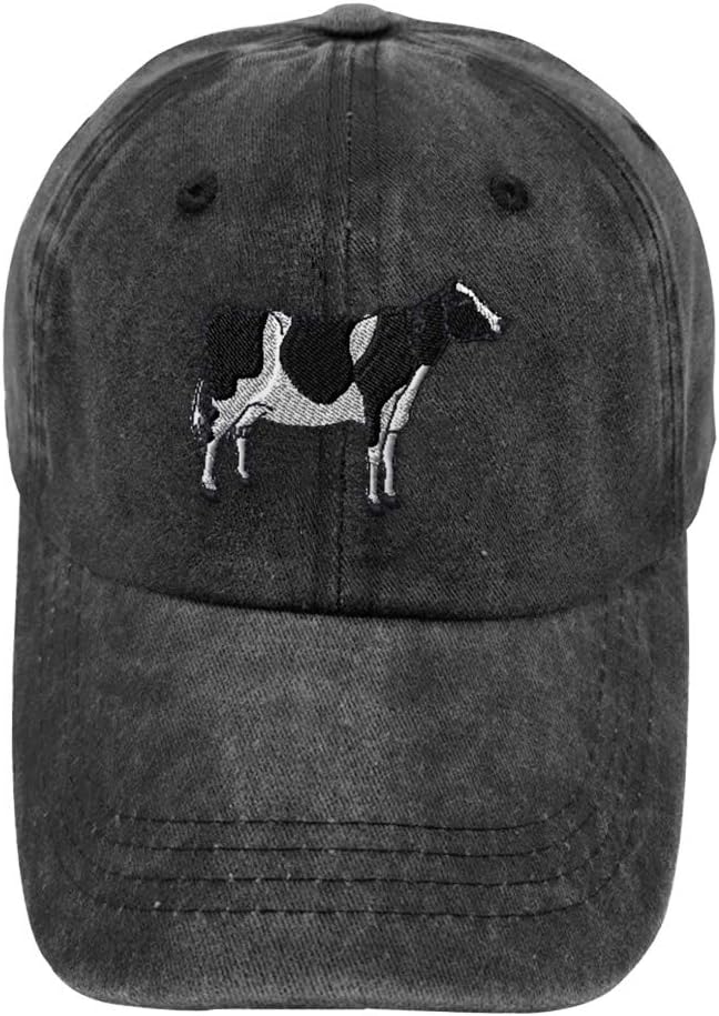 Vintage Washed Hat Holstein Cow Embroidery Cotton Dad Hats for Men & Women Buckle Closure Black Design Only