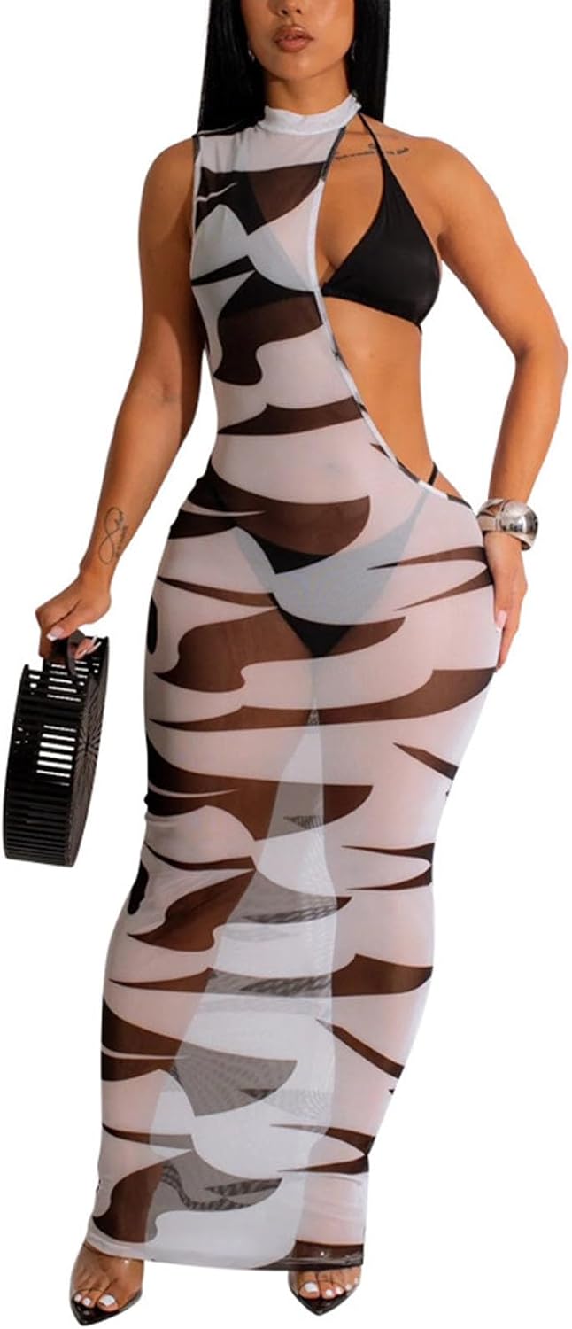 Women's Sexy Swimsuit 3 Piece Thong Bikini Set Triangle Halter Bathing Suit Sheer Mesh Beach Cover Up Maxi Dress