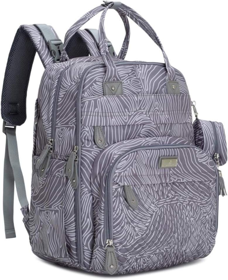 BabbleRoo Diaper Bag Backpack - Baby Essentials Travel Tote - Multi Function Water Resistant Diaper Bag, Travel Essentials Baby Bag with Changing Pad, Stroller Straps & Pacifier Case - Grey Swirls